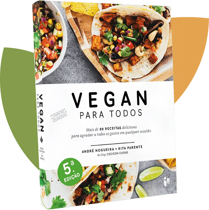 Cover of the cookbook Vegan Para Todos by André Nogueira and Rita Parente, featuring tacos and colourful dishes