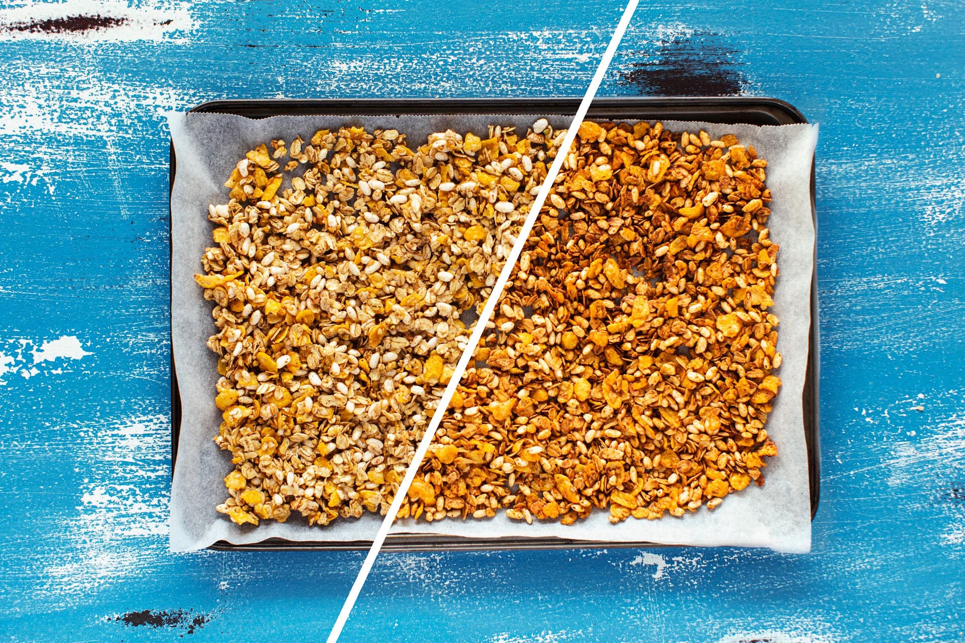 Side by side comparison of unbaked vs baked granola.