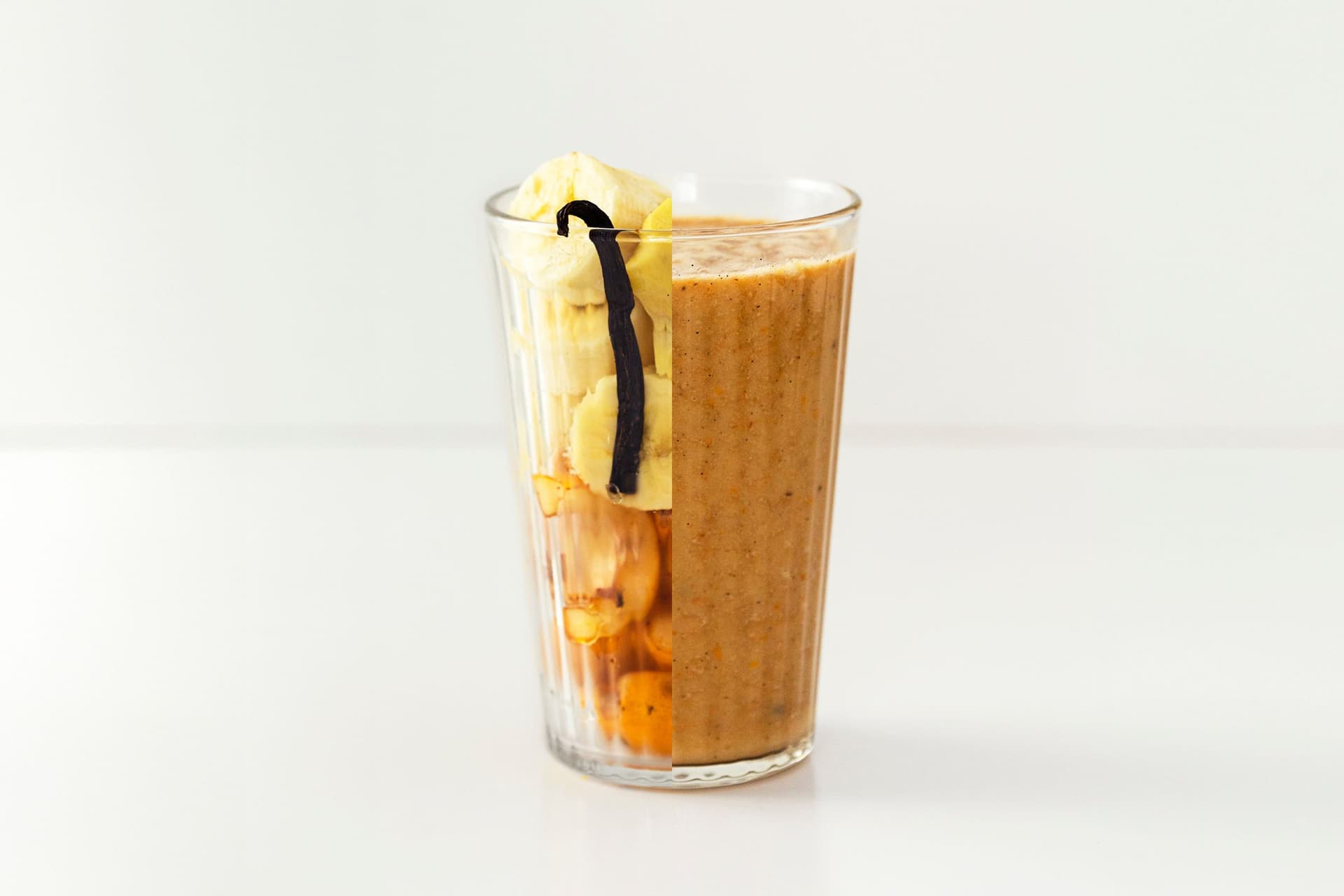 Split-view of a smoothie glass showing loquat, banana, vanilla and ginger on one side, and the blended drink on the other