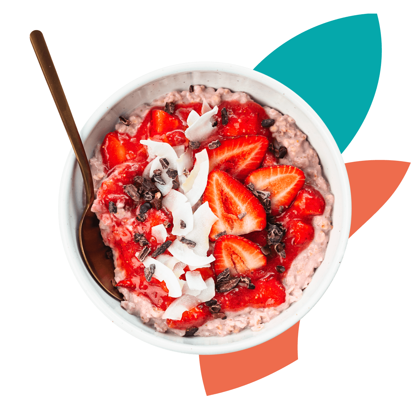 Oatmeal with strawberries, coconut and cacao nibs in a white bowl, overlaid on a background with two colourful leaf shapes